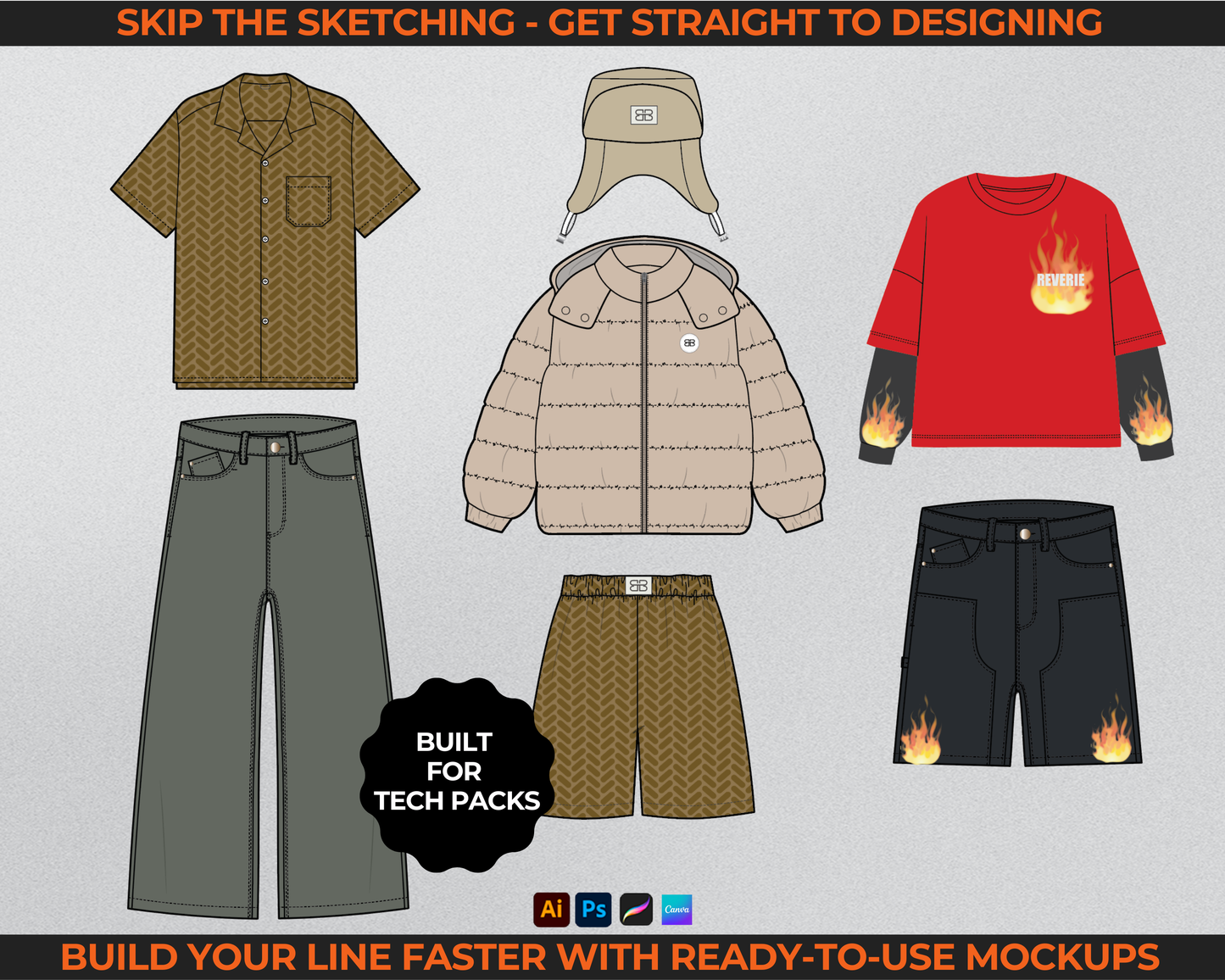 1400 editable clothing brand mockups and streetwear vectors for fashion designers and startups includes tech pack template fashion flat sketch hoodie tech drawing jogger and cargo vector mockups compatible with Canva Illustrator Photoshop Procreate used to build tech packs and launch clothing lines includes fashion launch checklist editable mockups for streetwear womenswear unisex styles modifiers and vector elements for custom designs