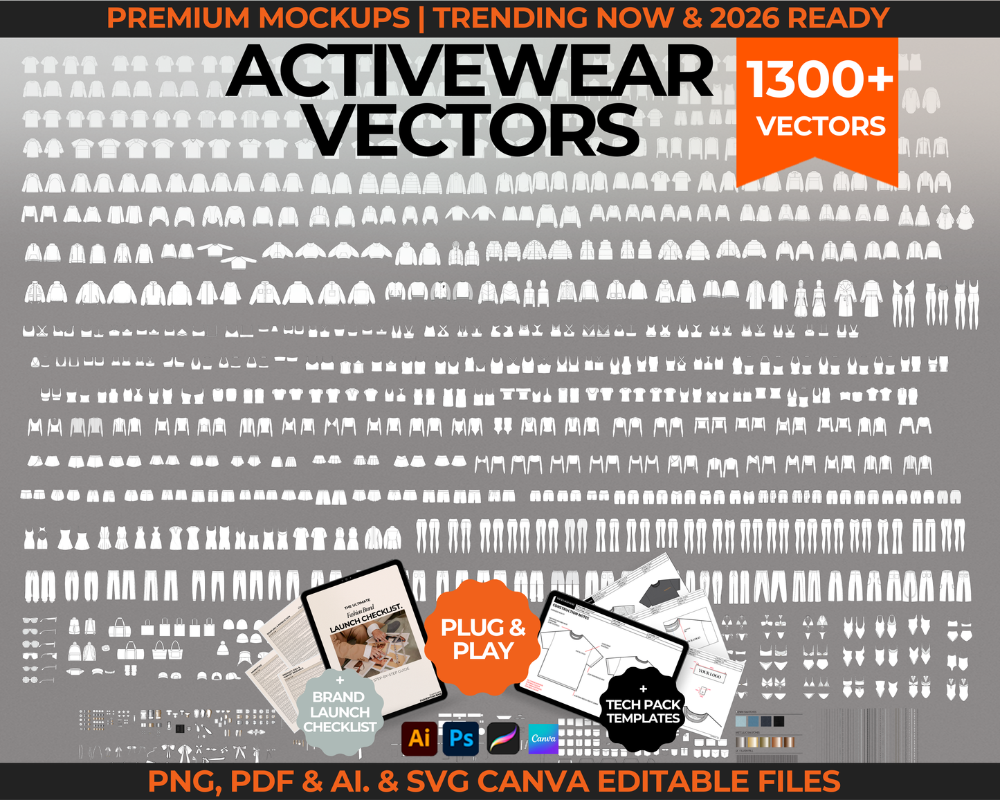 1300+ activewear fashion vectors for clothing brands including tech pack templates, flat sketch drawings, streetwear mockups, hoodie vectors, and loungewear fashion template files. Includes editable vector mockups for fashion design, suitable for Illustrator, Photoshop, Procreate, and Canva. Perfect for creating tech packs, fashion flats, and mockups for your clothing line or apparel label.