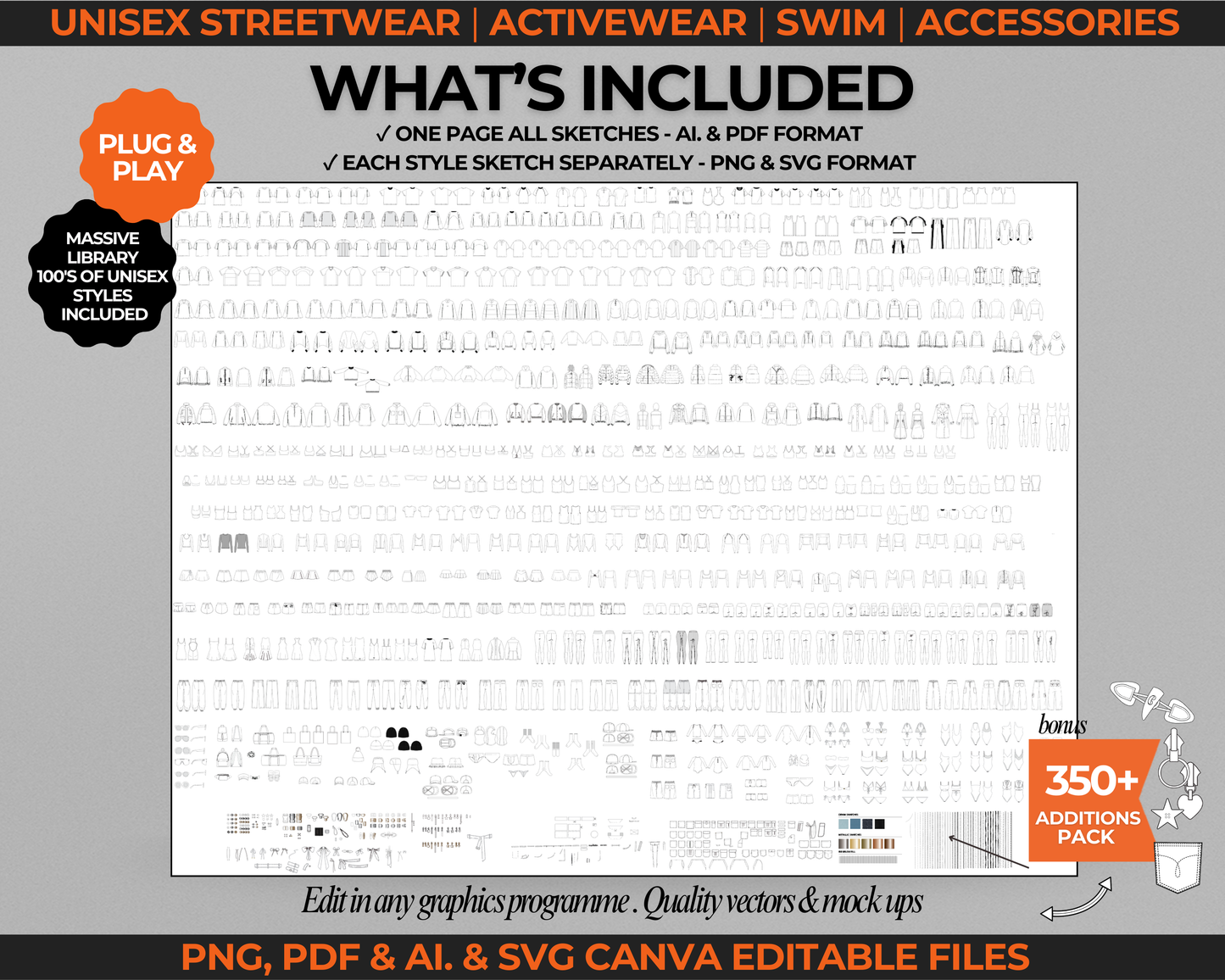 1300+ activewear fashion vectors for clothing brands including tech pack templates, flat sketch drawings, streetwear mockups, hoodie vectors, and loungewear fashion template files. Includes editable vector mockups for fashion design, suitable for Illustrator, Photoshop, Procreate, and Canva. Perfect for creating tech packs, fashion flats, and mockups for your clothing line or apparel label.