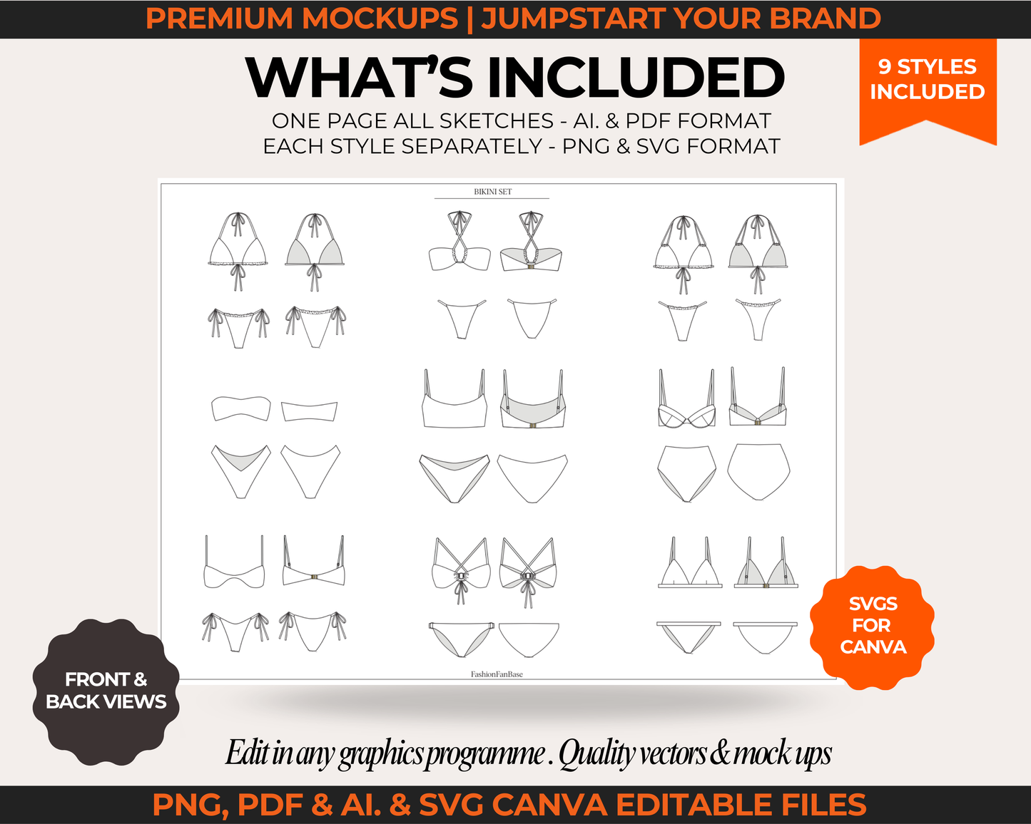 BIKINI TECH SKETCH BUNDLE | SWIMSUIT FASHION FLATS & VECTOR MOCKUPS