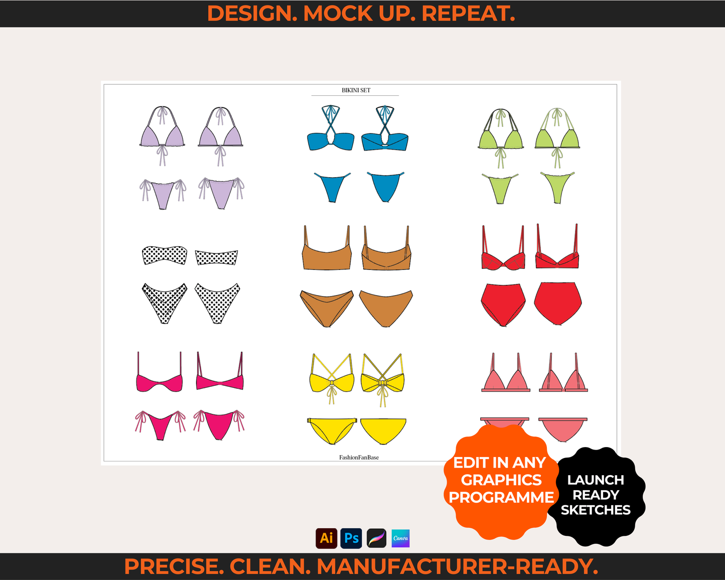 BIKINI TECH SKETCH BUNDLE | SWIMSUIT FASHION FLATS & VECTOR MOCKUPS