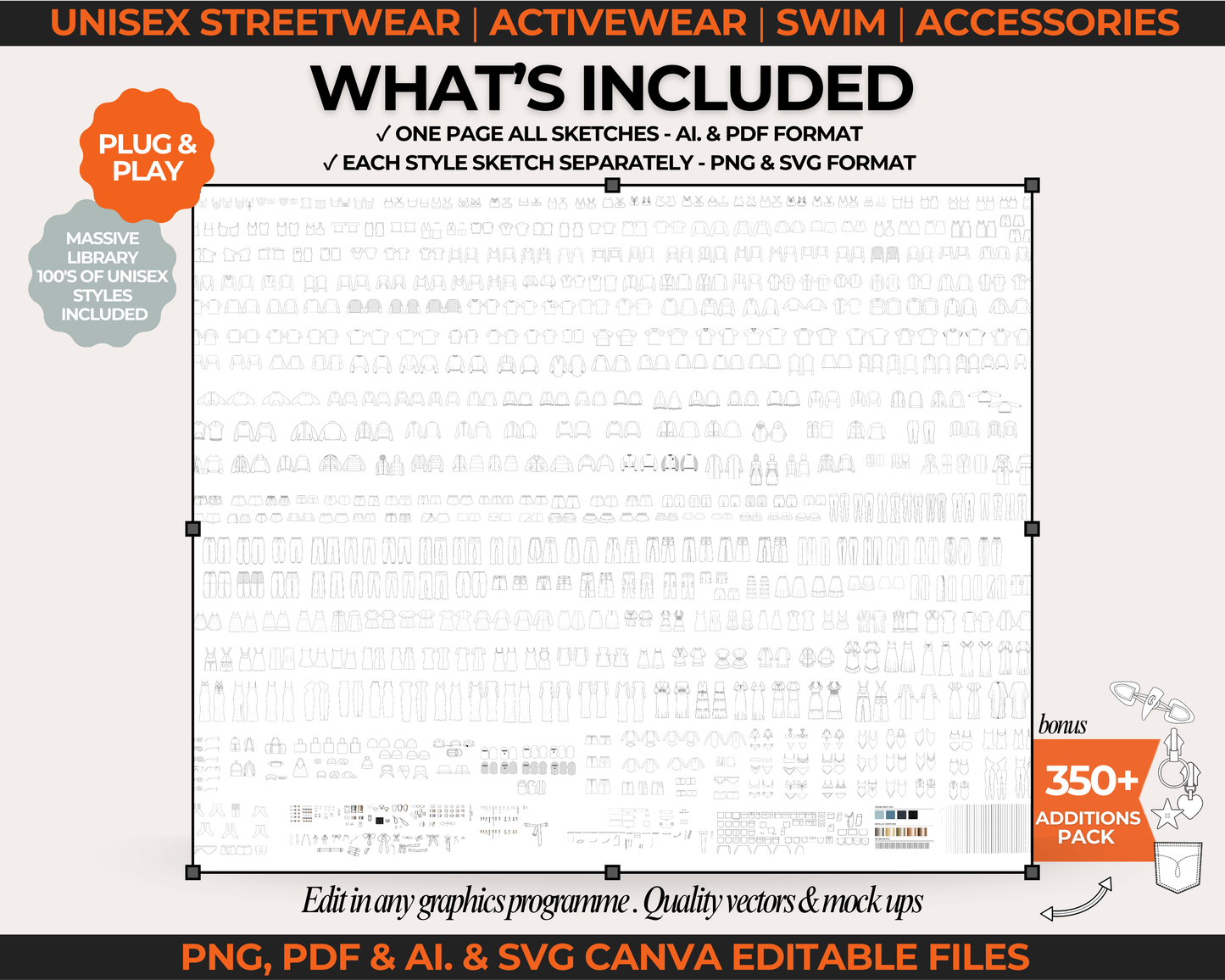 1400 editable clothing brand mockups and streetwear vectors for fashion designers and startups includes tech pack template fashion flat sketch hoodie tech drawing jogger and cargo vector mockups compatible with Canva Illustrator Photoshop Procreate used to build tech packs and launch clothing lines includes fashion launch checklist editable mockups for streetwear womenswear unisex styles modifiers and vector elements for custom designs