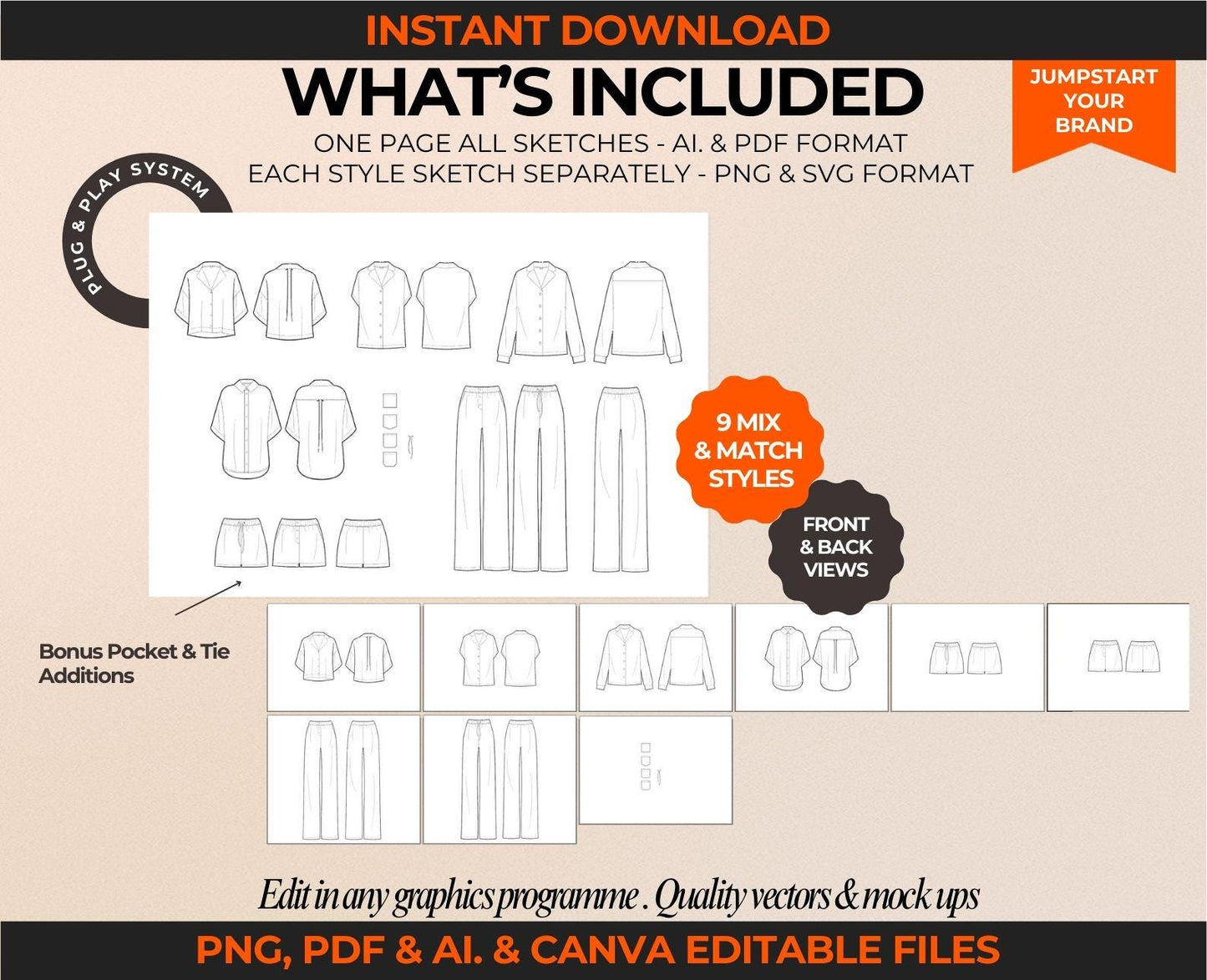 PAJAMA & LOUNGEWEAR VECTOR MOCKUPS | FASHION FLATS & TECH SKETCHES