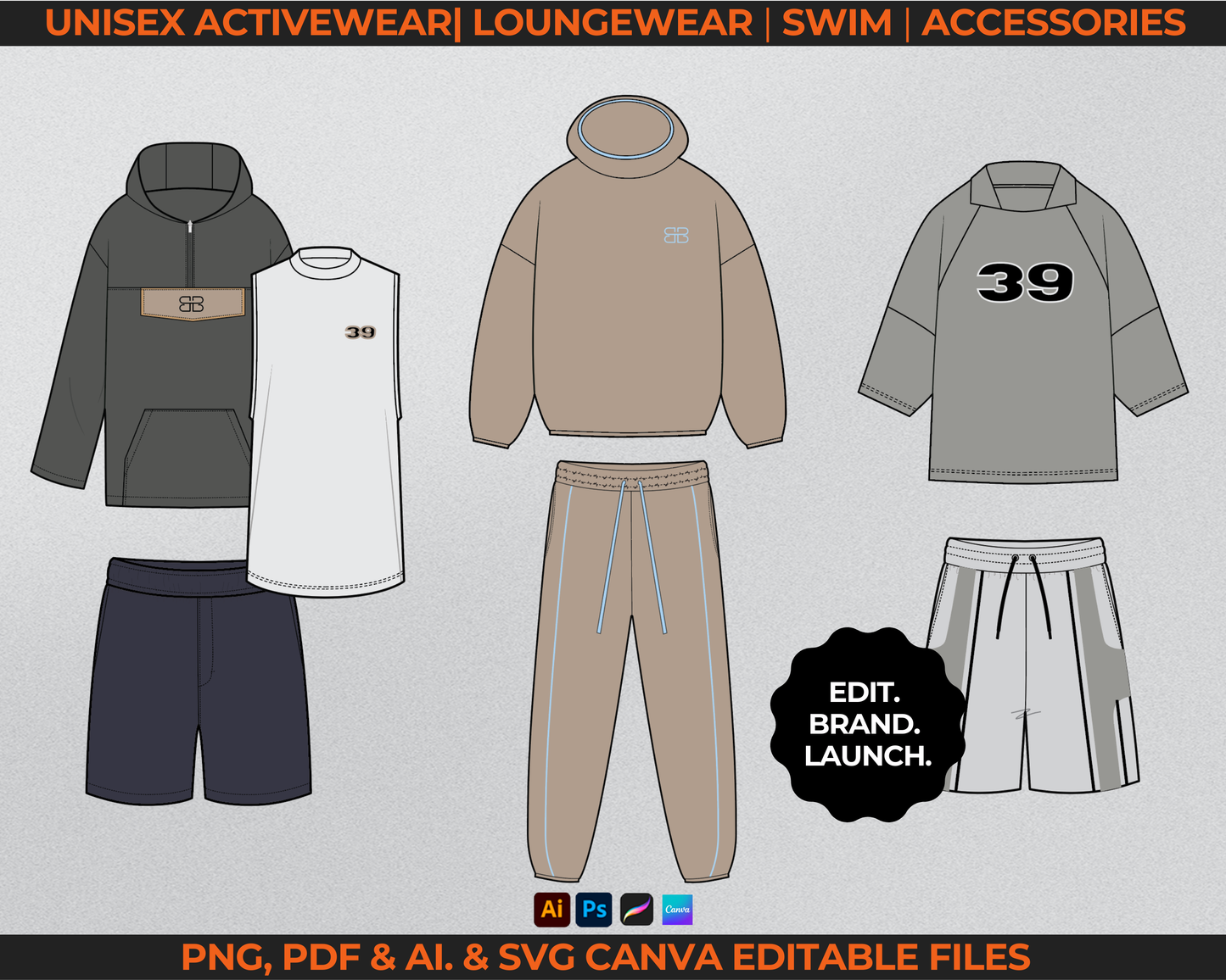1300+ activewear fashion vectors for clothing brands including tech pack templates, flat sketch drawings, streetwear mockups, hoodie vectors, and loungewear fashion template files. Includes editable vector mockups for fashion design, suitable for Illustrator, Photoshop, Procreate, and Canva. Perfect for creating tech packs, fashion flats, and mockups for your clothing line or apparel label.