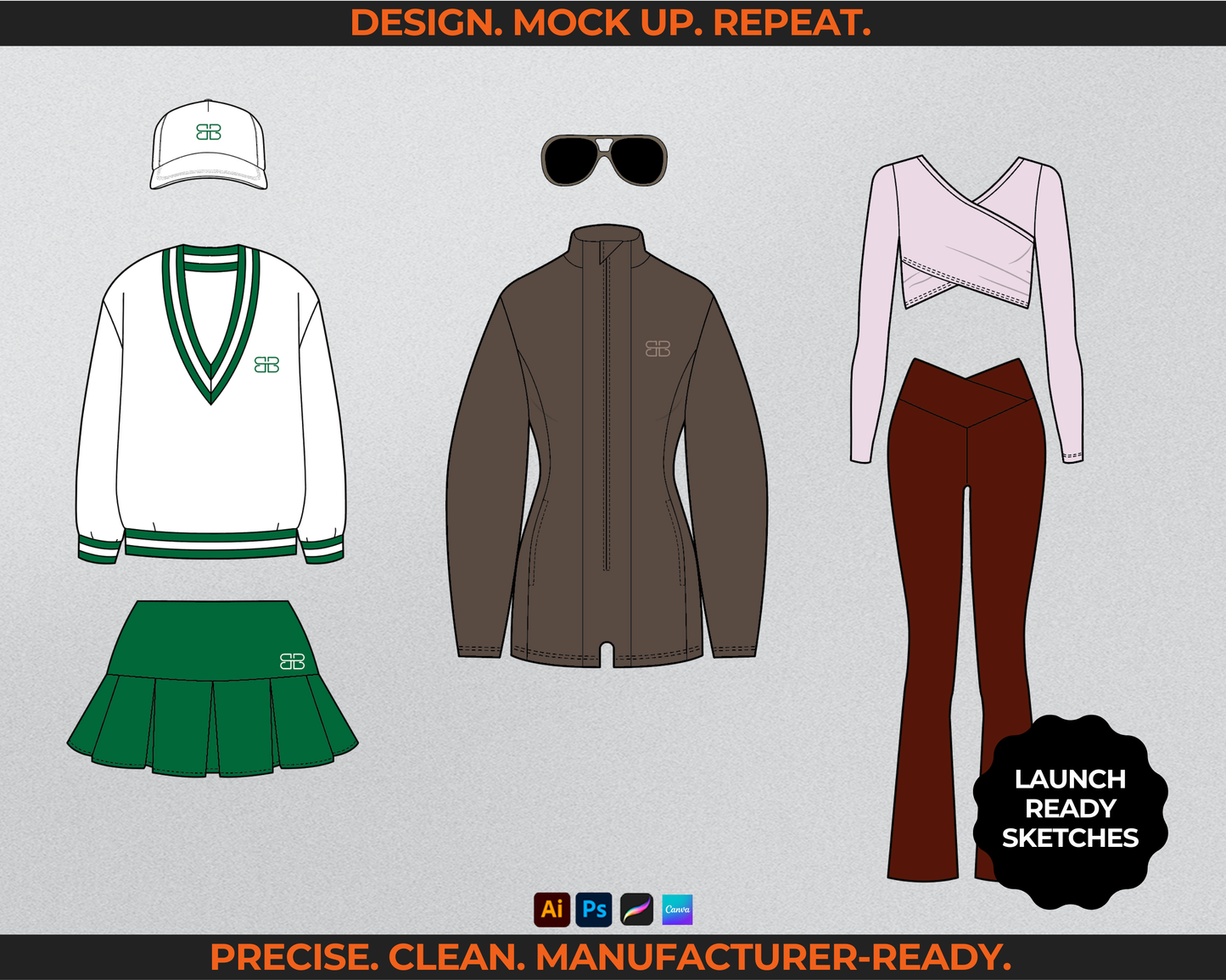 1300+ activewear fashion vectors for clothing brands including tech pack templates, flat sketch drawings, streetwear mockups, hoodie vectors, and loungewear fashion template files. Includes editable vector mockups for fashion design, suitable for Illustrator, Photoshop, Procreate, and Canva. Perfect for creating tech packs, fashion flats, and mockups for your clothing line or apparel label.