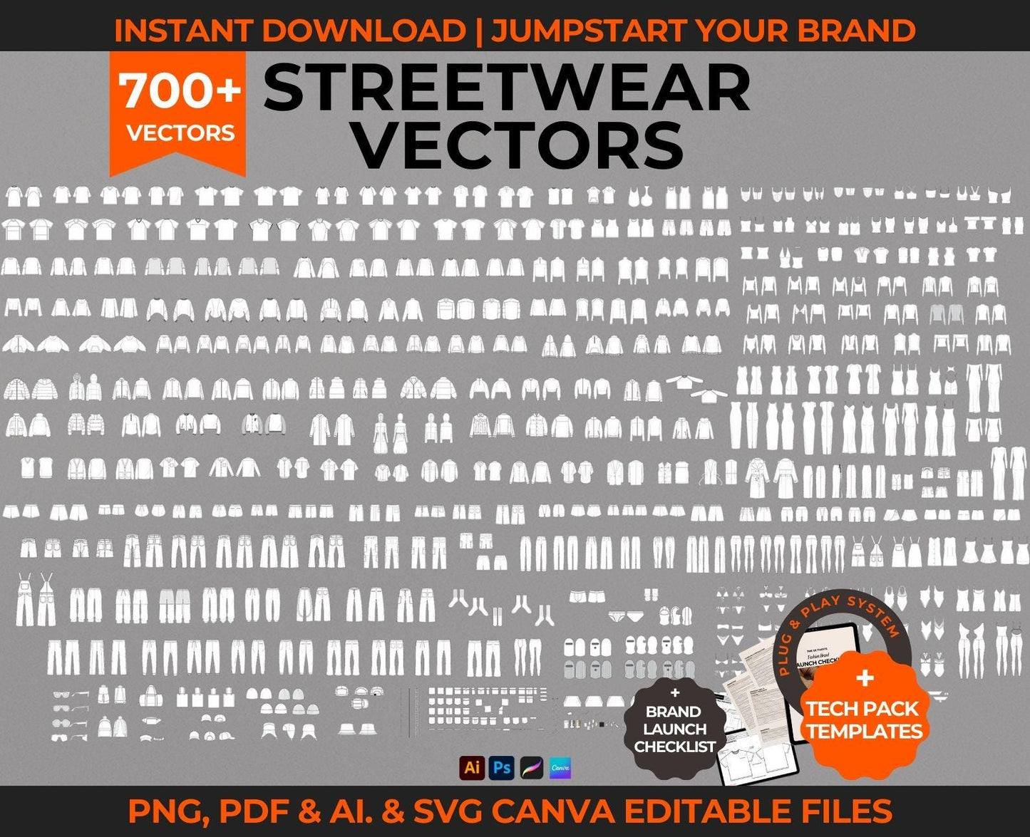 Preview of 700+ unisex streetwear vector sketches including tops, bottoms, hoodies, jackets, and outerwear.