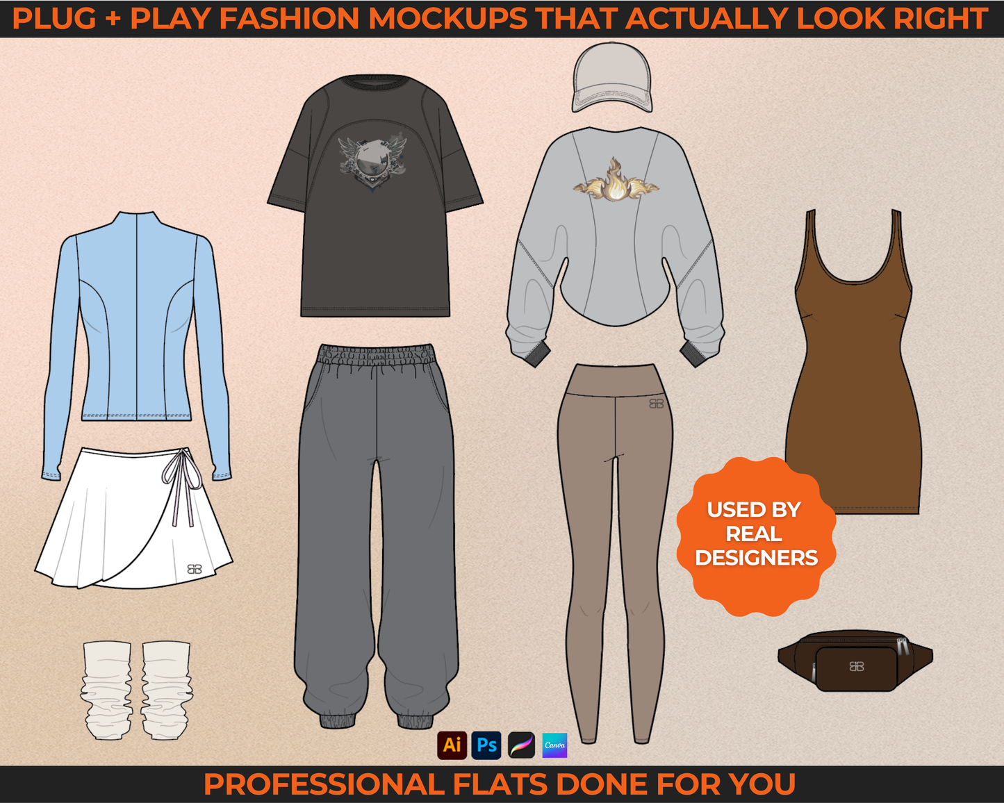 1300+ activewear fashion vectors for clothing brands including tech pack templates, flat sketch drawings, streetwear mockups, hoodie vectors, and loungewear fashion template files. Includes editable vector mockups for fashion design, suitable for Illustrator, Photoshop, Procreate, and Canva. Perfect for creating tech packs, fashion flats, and mockups for your clothing line or apparel label.