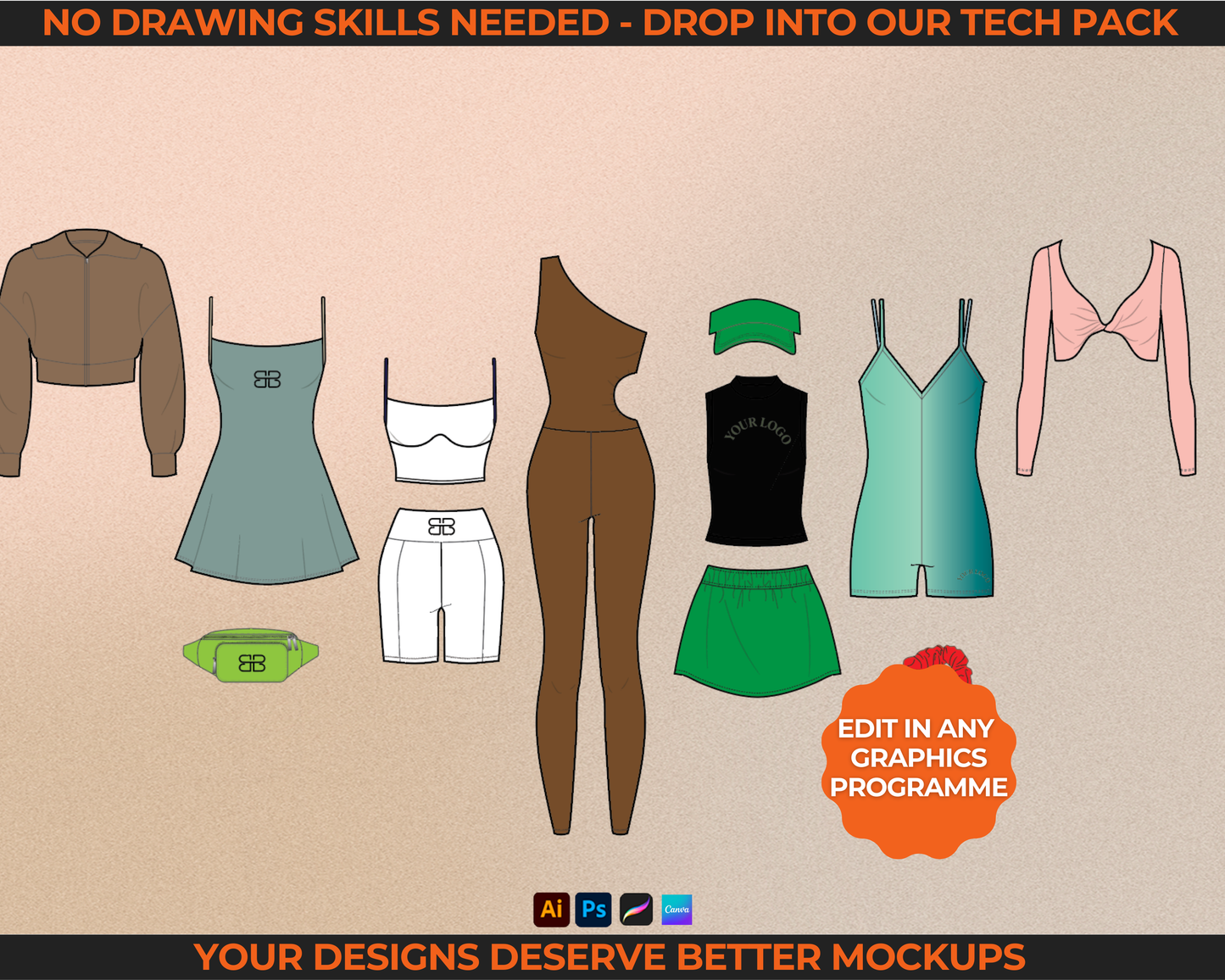 1300+ activewear fashion vectors for clothing brands including tech pack templates, flat sketch drawings, streetwear mockups, hoodie vectors, and loungewear fashion template files. Includes editable vector mockups for fashion design, suitable for Illustrator, Photoshop, Procreate, and Canva. Perfect for creating tech packs, fashion flats, and mockups for your clothing line or apparel label.