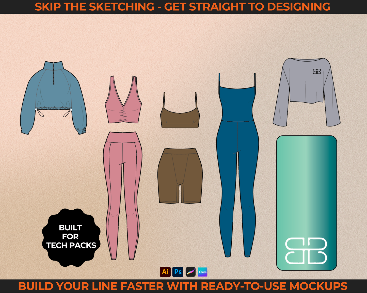 1300+ activewear fashion vectors for clothing brands including tech pack templates, flat sketch drawings, streetwear mockups, hoodie vectors, and loungewear fashion template files. Includes editable vector mockups for fashion design, suitable for Illustrator, Photoshop, Procreate, and Canva. Perfect for creating tech packs, fashion flats, and mockups for your clothing line or apparel label.