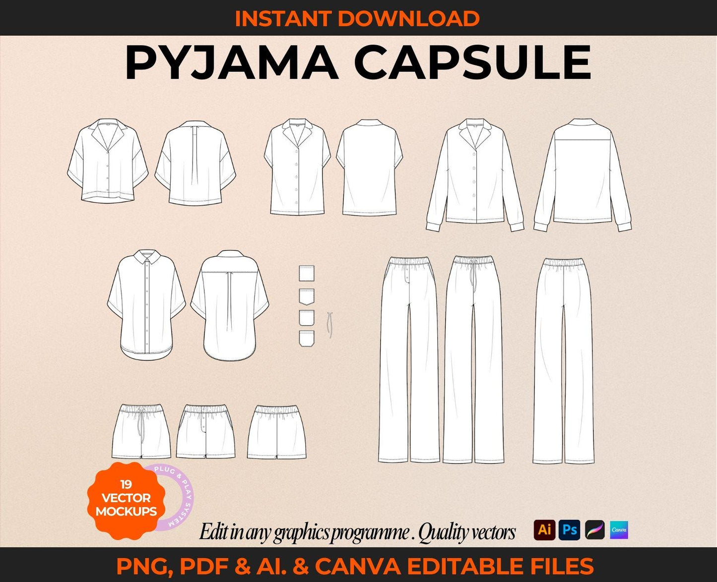 PAJAMA & LOUNGEWEAR VECTOR MOCKUPS | FASHION FLATS & TECH SKETCHES