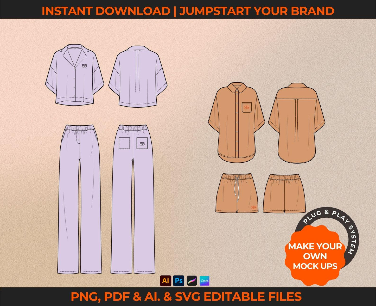 PAJAMA & LOUNGEWEAR VECTOR MOCKUPS | FASHION FLATS & TECH SKETCHES