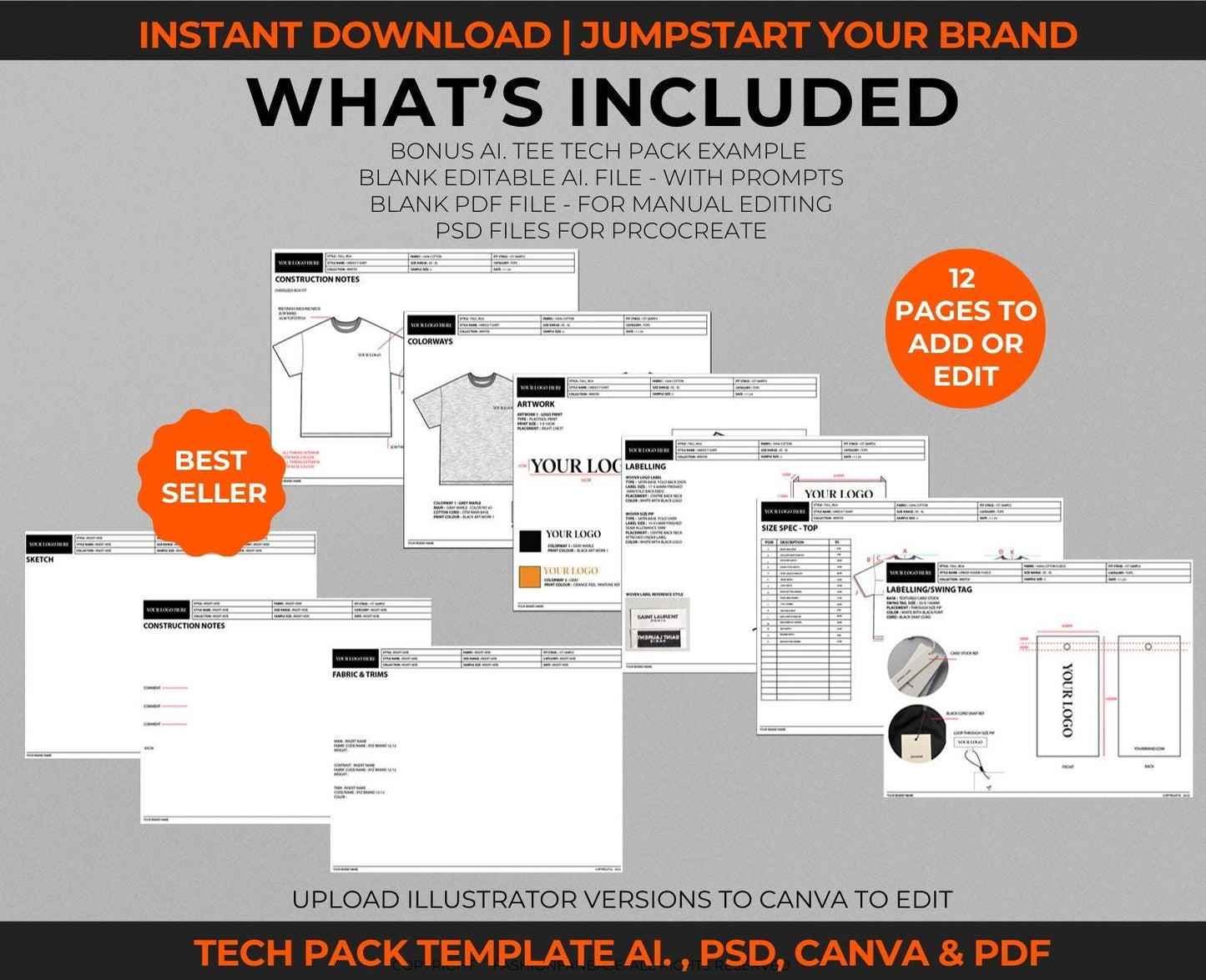 Detailed breakdown of what's included in the streetwear vector pack, including flat sketches and categories.