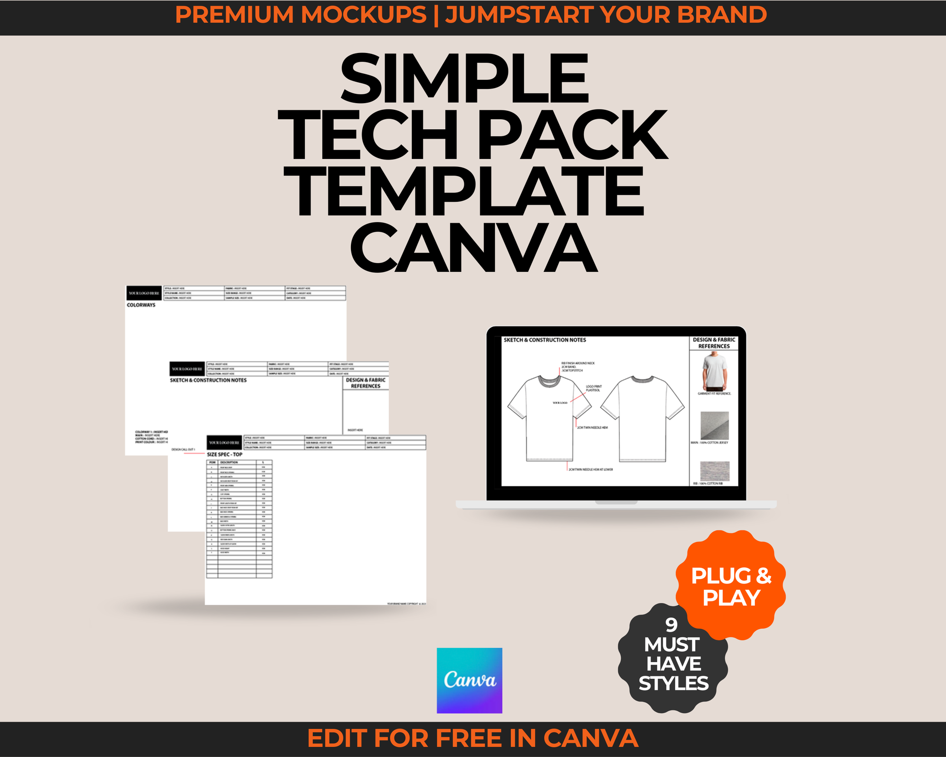 Simple Fashion Tech Pack Template for Canva. Easy-to-edit Canva Tech Pack Template for clothing brand design and garment production. Fashion design techpack template created for new fashion brands and designers. Digital fashion template ready for Canva to streamline tech pack creation.