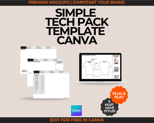 Simple Fashion Tech Pack Template for Canva. Easy-to-edit Canva Tech Pack Template for clothing brand design and garment production. Fashion design techpack template created for new fashion brands and designers. Digital fashion template ready for Canva to streamline tech pack creation.