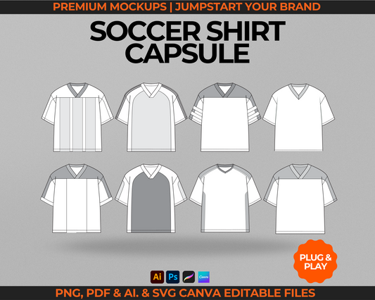 Soccer jersey mockup bundle featuring football jersey vector mockups, streetwear mockups, and streetwear vectors. Includes football shirt tech pack template for clothing brands and fashion designers. Perfect for showcasing custom graphics, logo placement, or garment details in professional clothing technical drawings and fashion templates for production and apparel design projects.