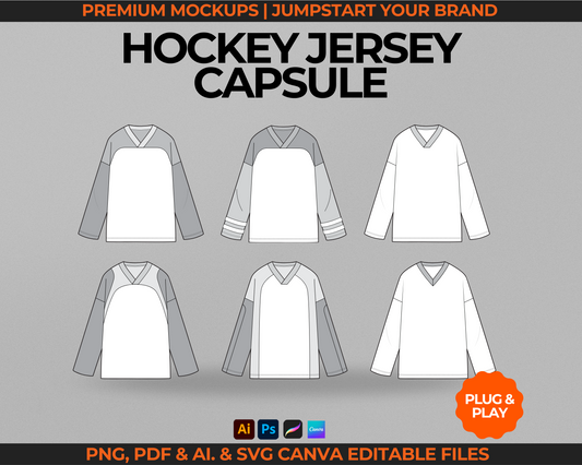 Hockey jersey mockup bundle featuring hockey jersey vector mockups, streetwear mockups, and streetwear vectors. Includes hockey shirt tech pack template for clothing brands and fashion designers. Perfect for showcasing custom graphics, logo placement, or garment details in professional clothing technical drawings and fashion templates for production and apparel design projects.