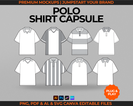Polo shirt mockup pack featuring polo shirt vector mockups, striped polo shirt templates, and streetwear vectors. Includes polo shirt tech pack template for clothing brands and fashion designers. Perfect for showcasing custom graphics, logo placement, or garment details in professional clothing technical drawings and fashion templates for production and apparel design projects.