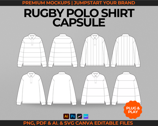 Rugby polo shirt mockup pack featuring jersey flat sketches, long sleeve polo shirt mockups, and streetwear fashion templates. Includes rugby polo tech pack template for streetwear brands and clothing design projects. Perfect for fashion designers creating streetwear mockups, streetwear vectors, or rugby polo tech packs for production and garment manufacture.