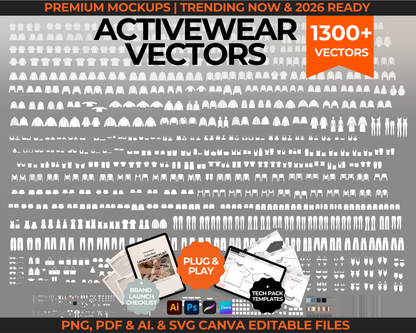 1300+ activewear fashion vectors for clothing brands including tech pack templates, flat sketch drawings, streetwear mockups, hoodie vectors, and loungewear fashion template files. Includes editable vector mockups for fashion design, suitable for Illustrator, Photoshop, Procreate, and Canva. Perfect for creating tech packs, fashion flats, and mockups for your clothing line or apparel label.