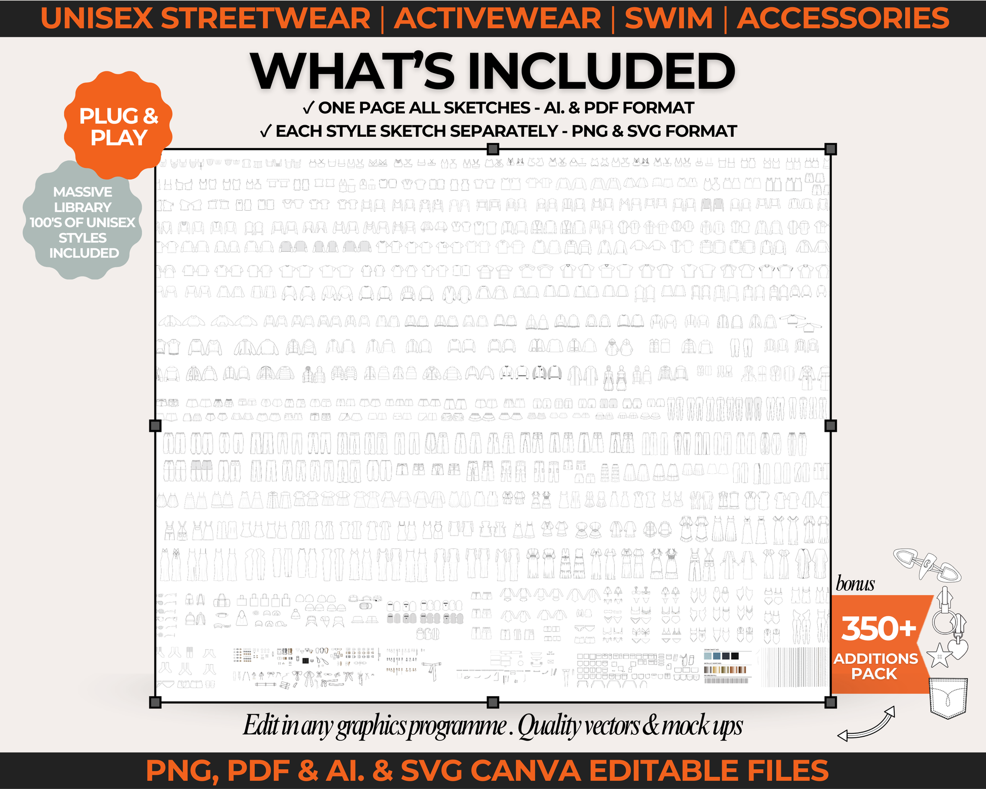1400 editable clothing brand mockups and streetwear vectors for fashion designers and startups includes tech pack template fashion flat sketch hoodie tech drawing jogger and cargo vector mockups compatible with Canva Illustrator Photoshop Procreate used to build tech packs and launch clothing lines includes fashion launch checklist editable mockups for streetwear womenswear unisex styles modifiers and vector elements for custom designs