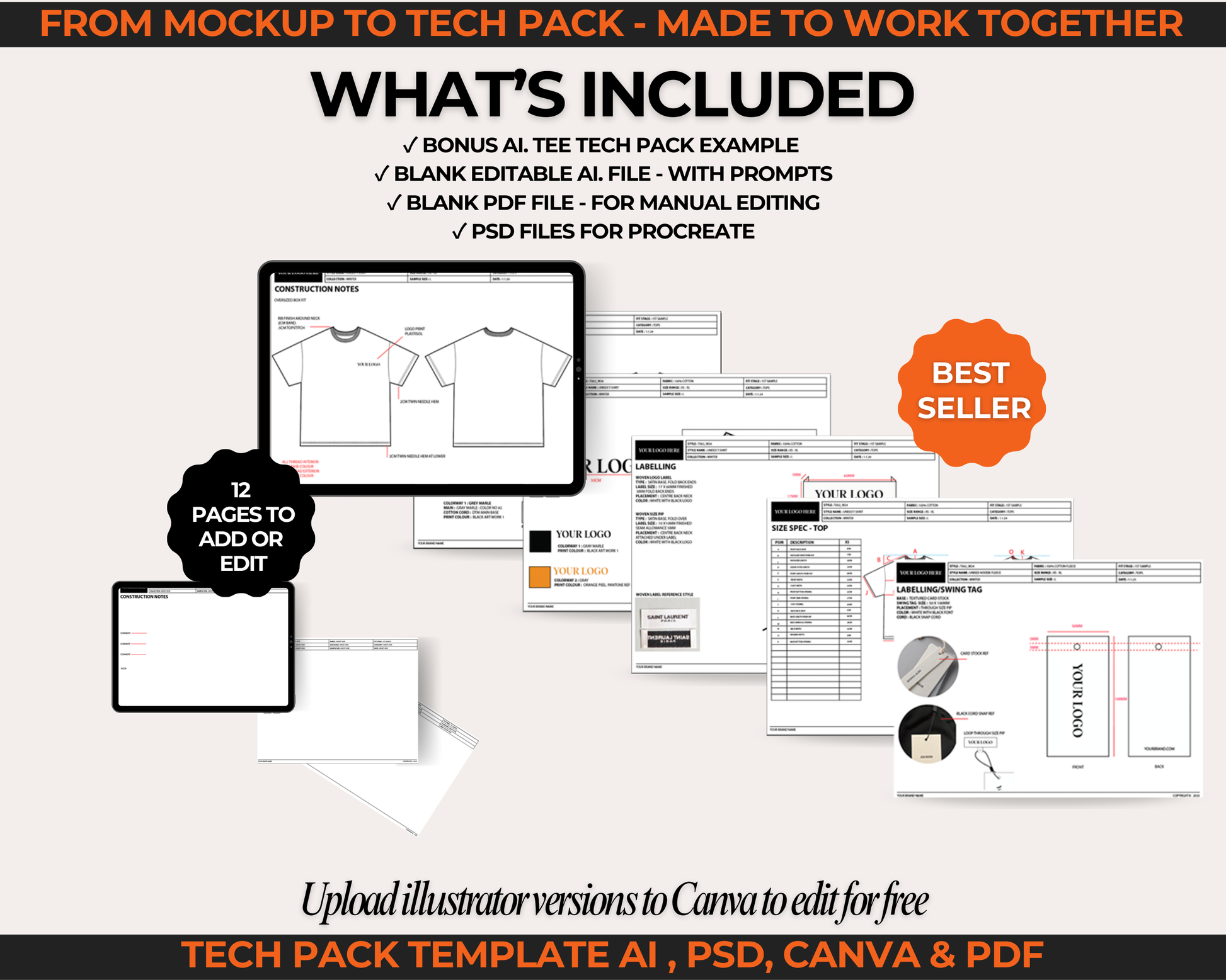 1400 editable clothing brand mockups and streetwear vectors for fashion designers and startups includes tech pack template fashion flat sketch hoodie tech drawing jogger and cargo vector mockups compatible with Canva Illustrator Photoshop Procreate used to build tech packs and launch clothing lines includes fashion launch checklist editable mockups for streetwear womenswear unisex styles modifiers and vector elements for custom designs