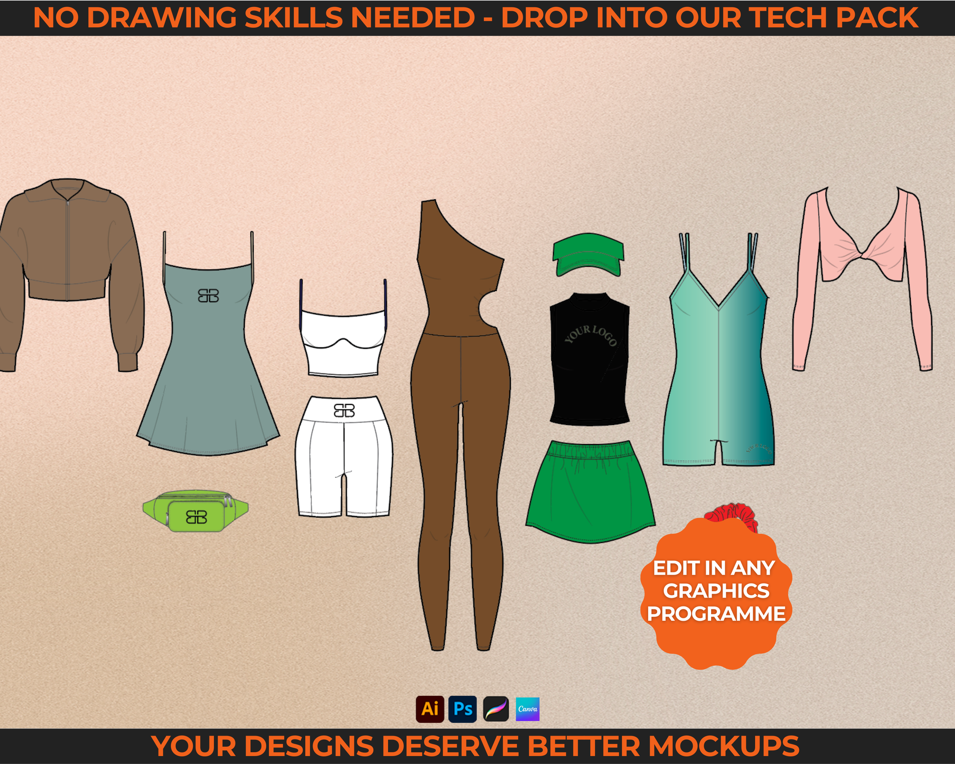 1300+ activewear fashion vectors for clothing brands including tech pack templates, flat sketch drawings, streetwear mockups, hoodie vectors, and loungewear fashion template files. Includes editable vector mockups for fashion design, suitable for Illustrator, Photoshop, Procreate, and Canva. Perfect for creating tech packs, fashion flats, and mockups for your clothing line or apparel label.