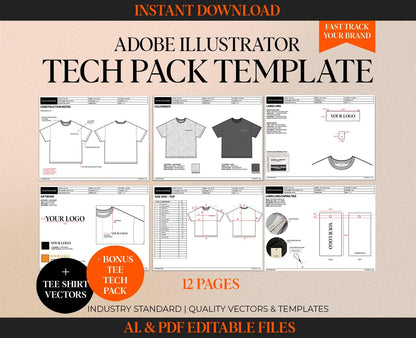 TECH PACK TEMPLATE ILLUSTRATOR & PDF + BONUS T-SHIRT EXAMPLE