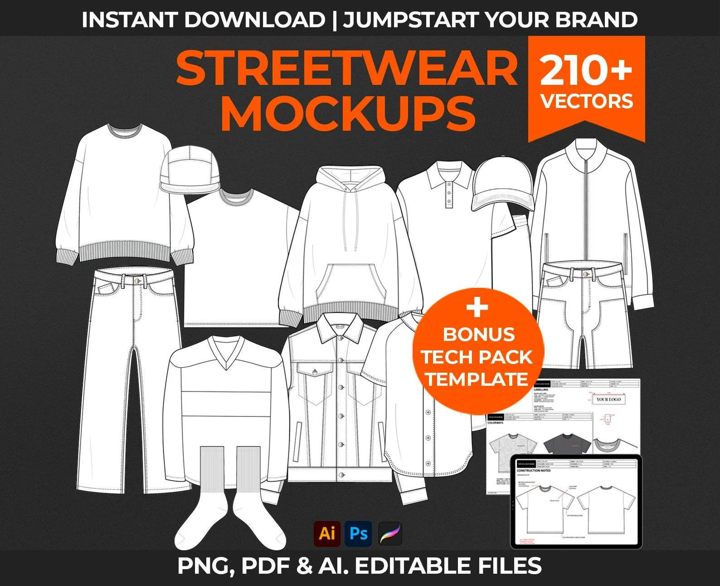 STREETWEAR VECTOR MEGA MOCKUP PACK TECH SKETCH BUNDLE + TECH PACK