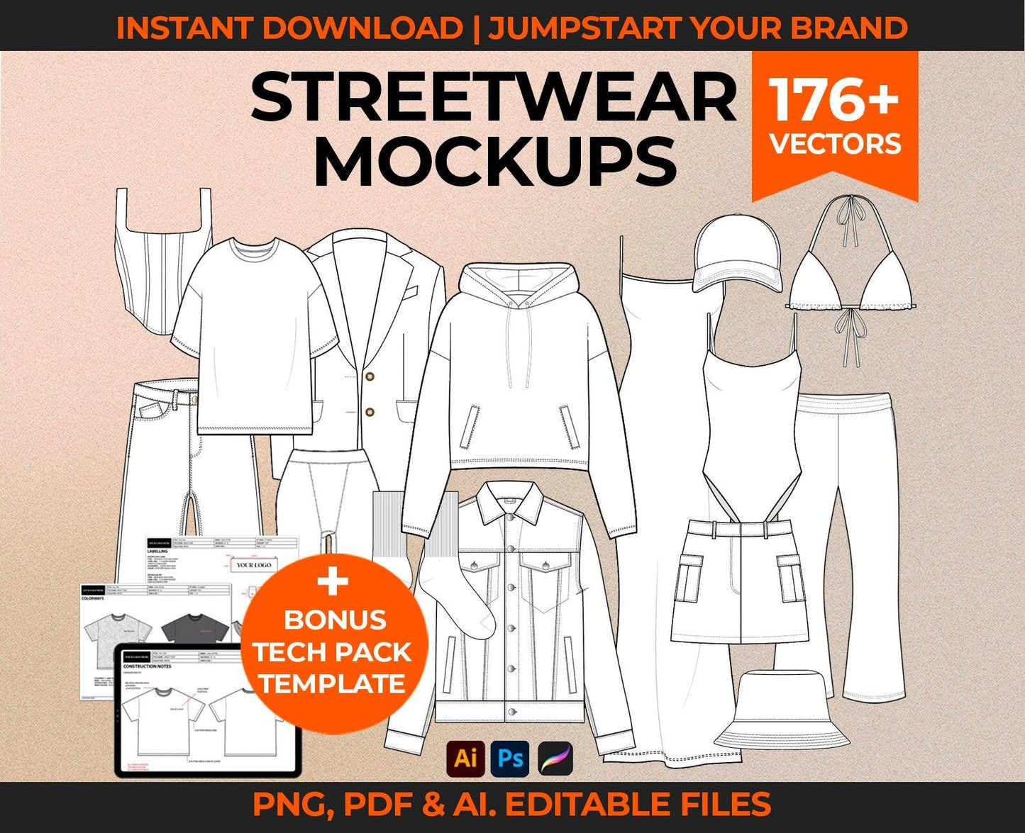 WOMEN'S STREETWEAR MOCK UPS TECH SKETCH BUNDLE + BONUS TECH PACK TEMPLATE