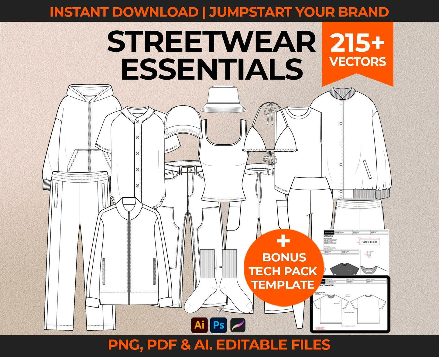 STREETWEAR ESSENTIALS TECH SKETCH BUNDLE + TECH PACK TEMPLATE