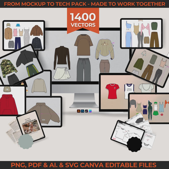1400 editable clothing brand mockups and streetwear vectors for fashion designers and startups includes tech pack template fashion flat sketch hoodie tech drawing jogger and cargo vector mockups compatible with Canva Illustrator Photoshop Procreate used to build tech packs and launch clothing lines includes fashion launch checklist editable mockups for streetwear womenswear unisex styles modifiers and vector elements for custom designs