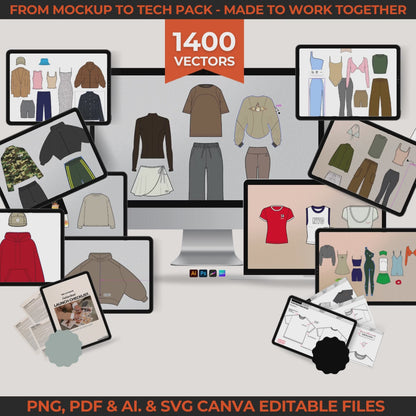 1400 editable clothing brand mockups and streetwear vectors for fashion designers and startups includes tech pack template fashion flat sketch hoodie tech drawing jogger and cargo vector mockups compatible with Canva Illustrator Photoshop Procreate used to build tech packs and launch clothing lines includes fashion launch checklist editable mockups for streetwear womenswear unisex styles modifiers and vector elements for custom designs